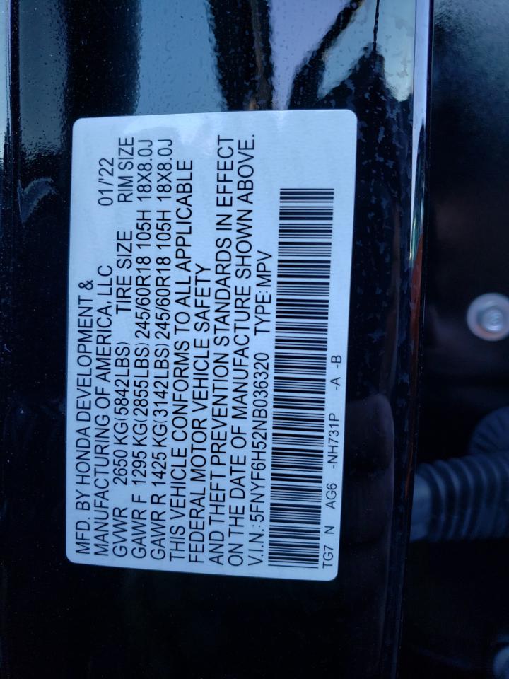 2022 HONDA PILOT EXL VIN:5FNYF6H52NB036320