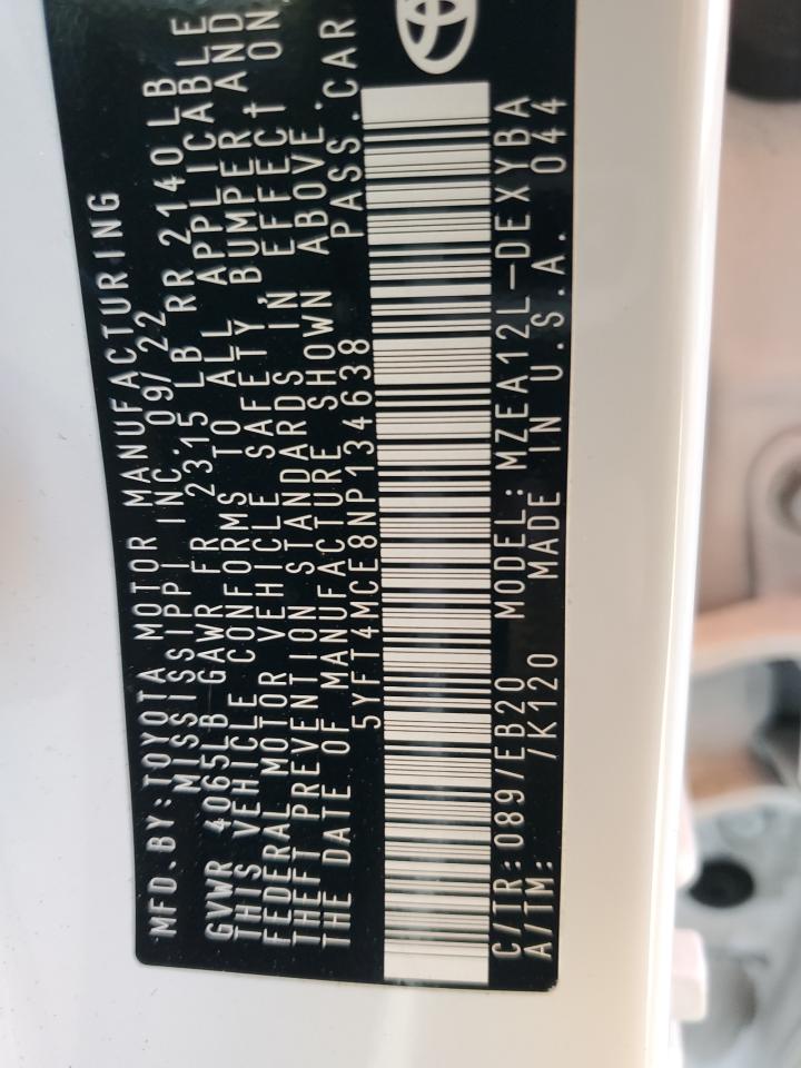 2022 TOYOTA COROLLA XSE VIN:5YFT4MCE8NP134638