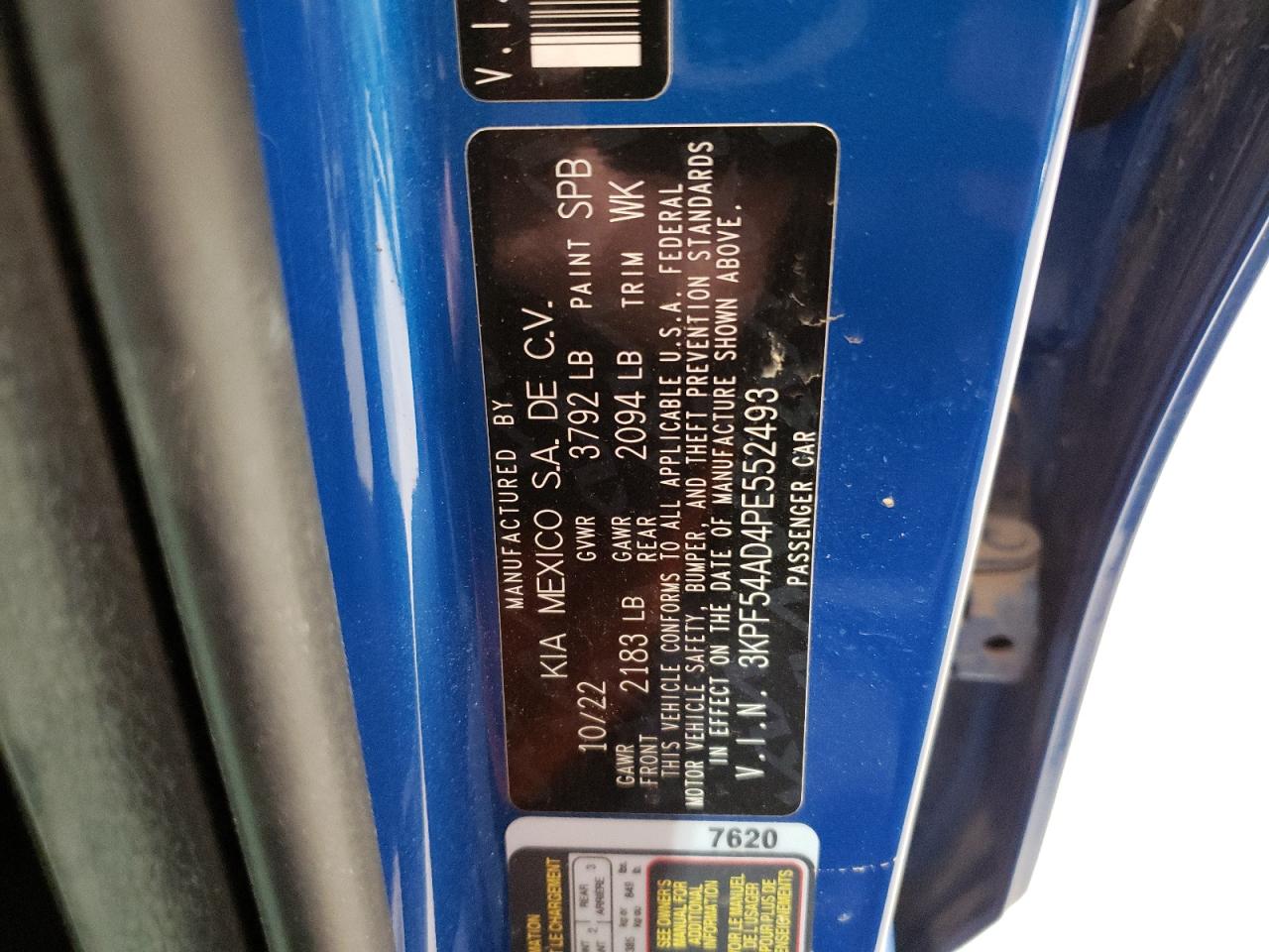 2023 KIA FORTE GT LINE VIN:3KPF54AD4PE552493