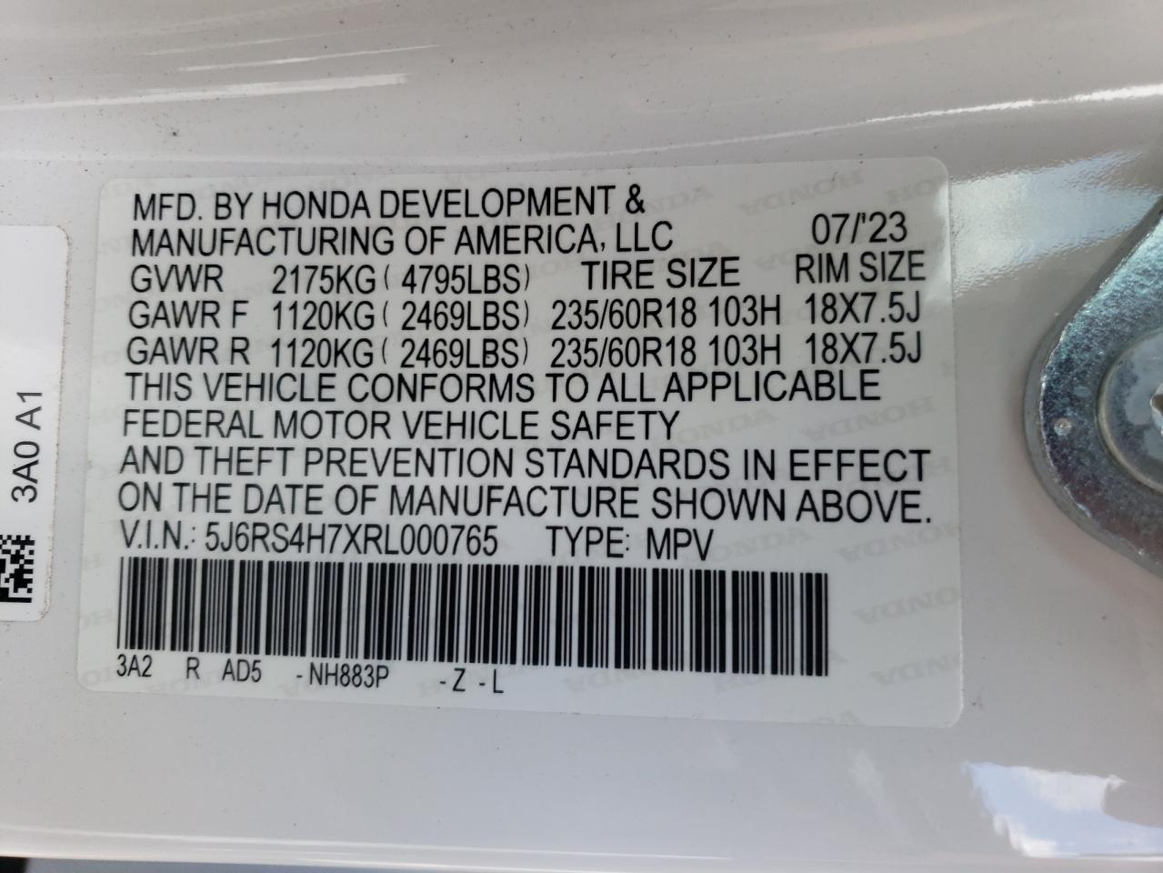 2024 HONDA CR-V EXL VIN:5J6RS4H7XRL000765