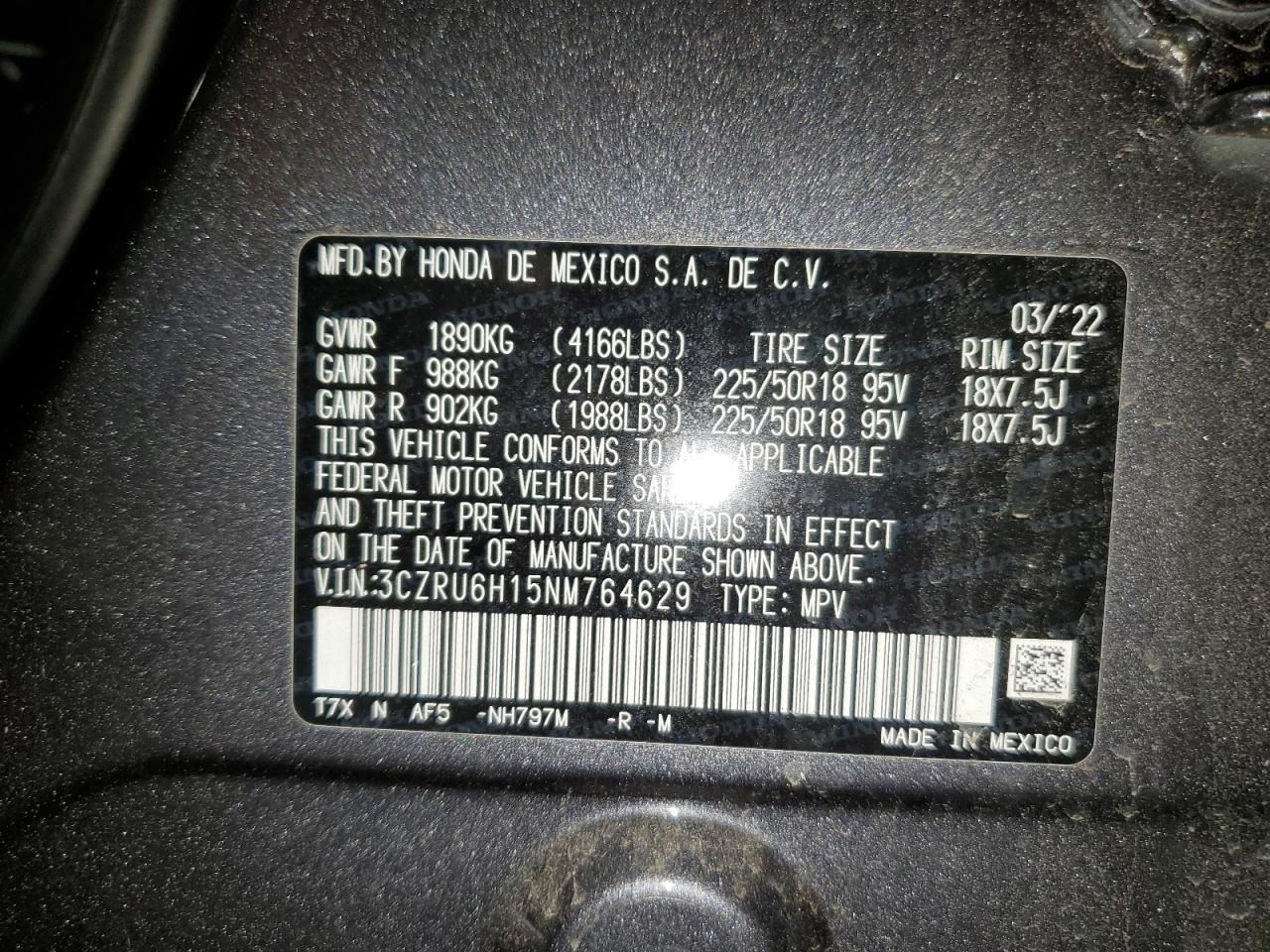 2022 HONDA HR-V SPORT VIN:3CZRU6H15NM764629