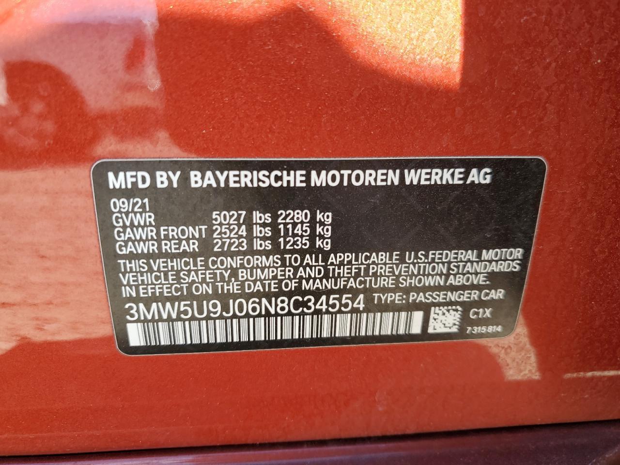 2022 BMW M340XI  VIN:3MW5U9J06N8C34554