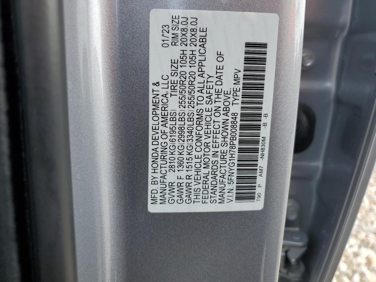 2023 HONDA PILOT TOURING VIN:5FNYG1H78PB008848