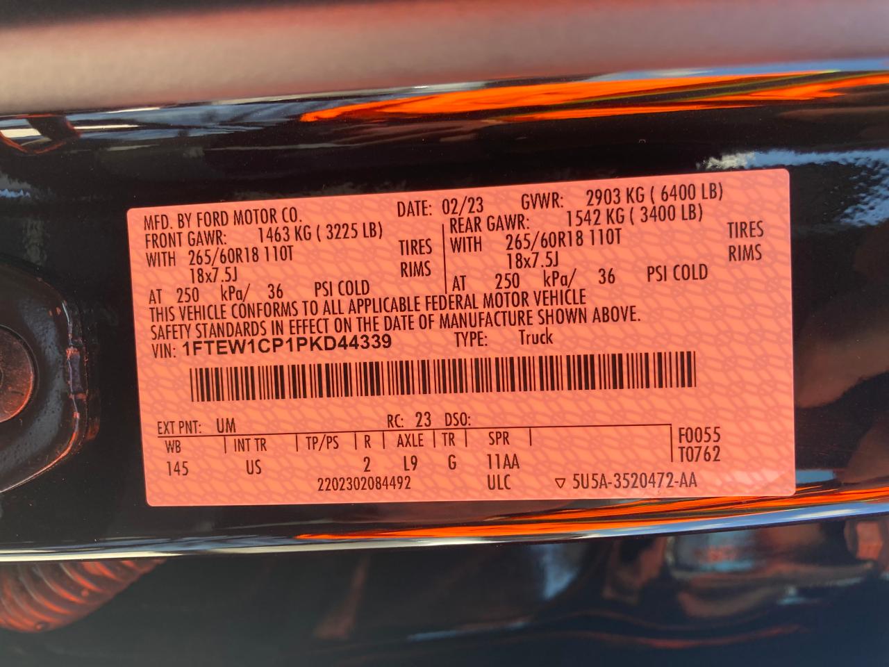 2023 FORD F150 SUPERCREW VIN:1FTEW1CP1PKD44339