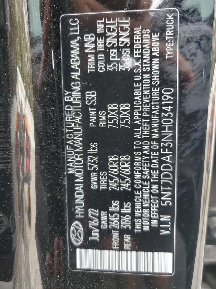 2022 HYUNDAI SANTA CRUZ SEL PREMIUM VIN:5NTJDDAF3NH034190