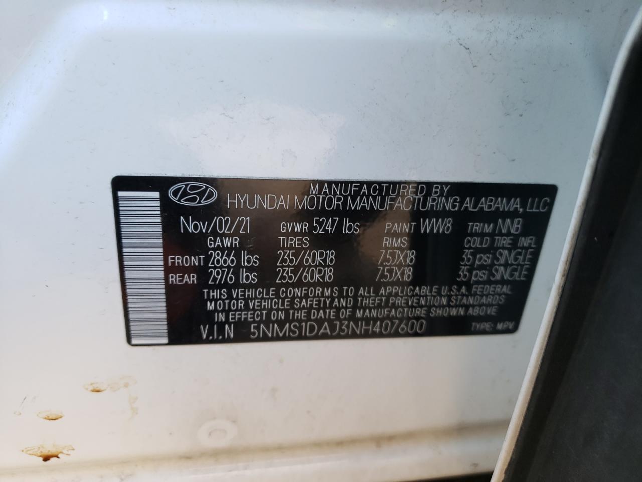 2022 HYUNDAI SANTA FE SE VIN:5NMS1DAJ3NH407600