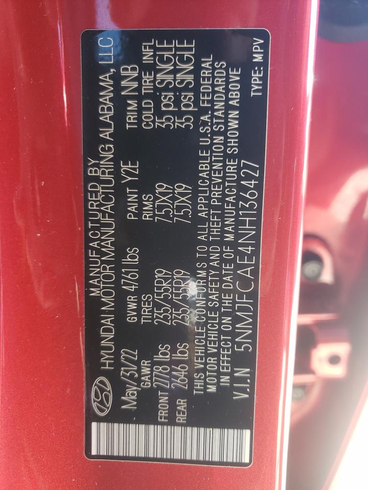 2022 HYUNDAI TUCSON SEL VIN:5NMJFCAE4NH136427