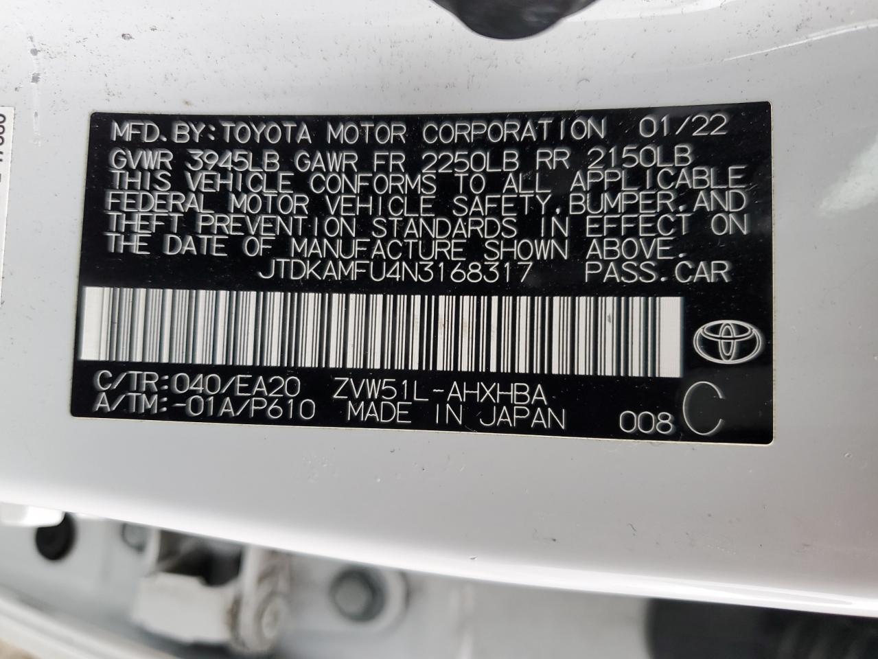 2022 TOYOTA PRIUS NIGHT SHADE VIN:JTDKAMFU4N3168317