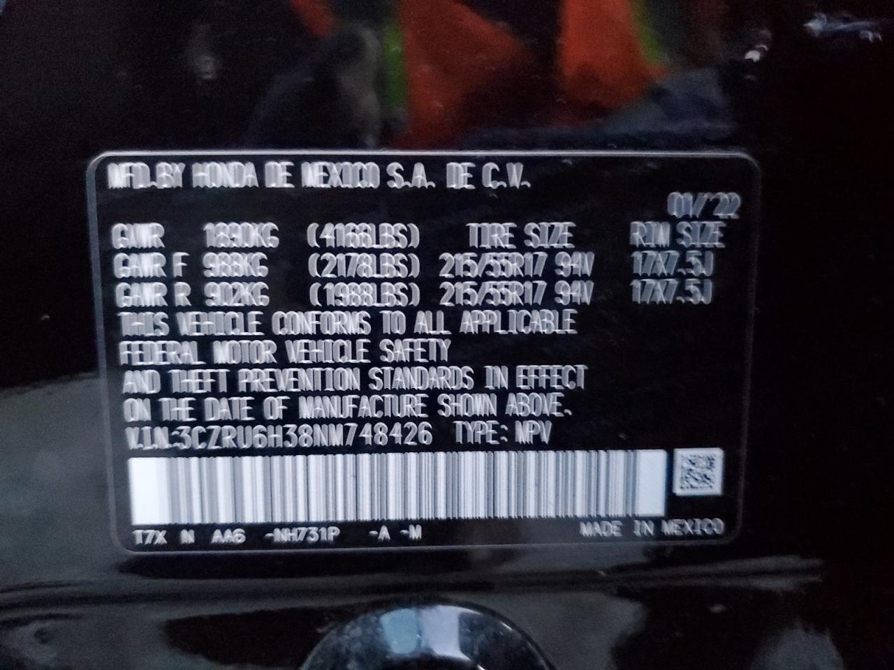 2022 HONDA HR-V LX VIN:3CZRU6H38NM748426