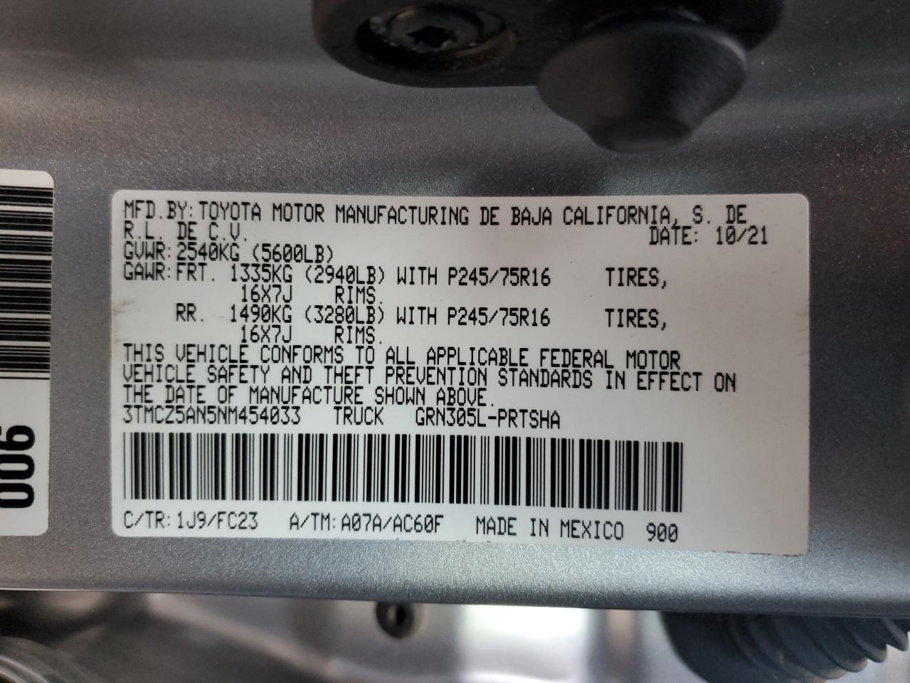 2022 TOYOTA TACOMA DOUBLE CAB VIN:3TMCZ5AN5NM454033