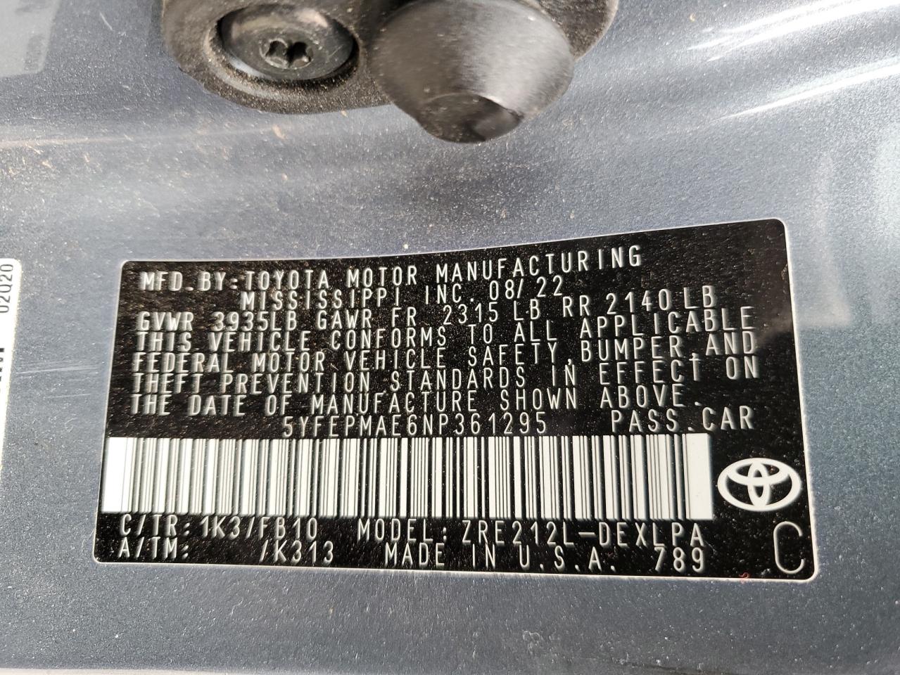 2022 TOYOTA COROLLA LE VIN:5YFEPMAE6NP361295