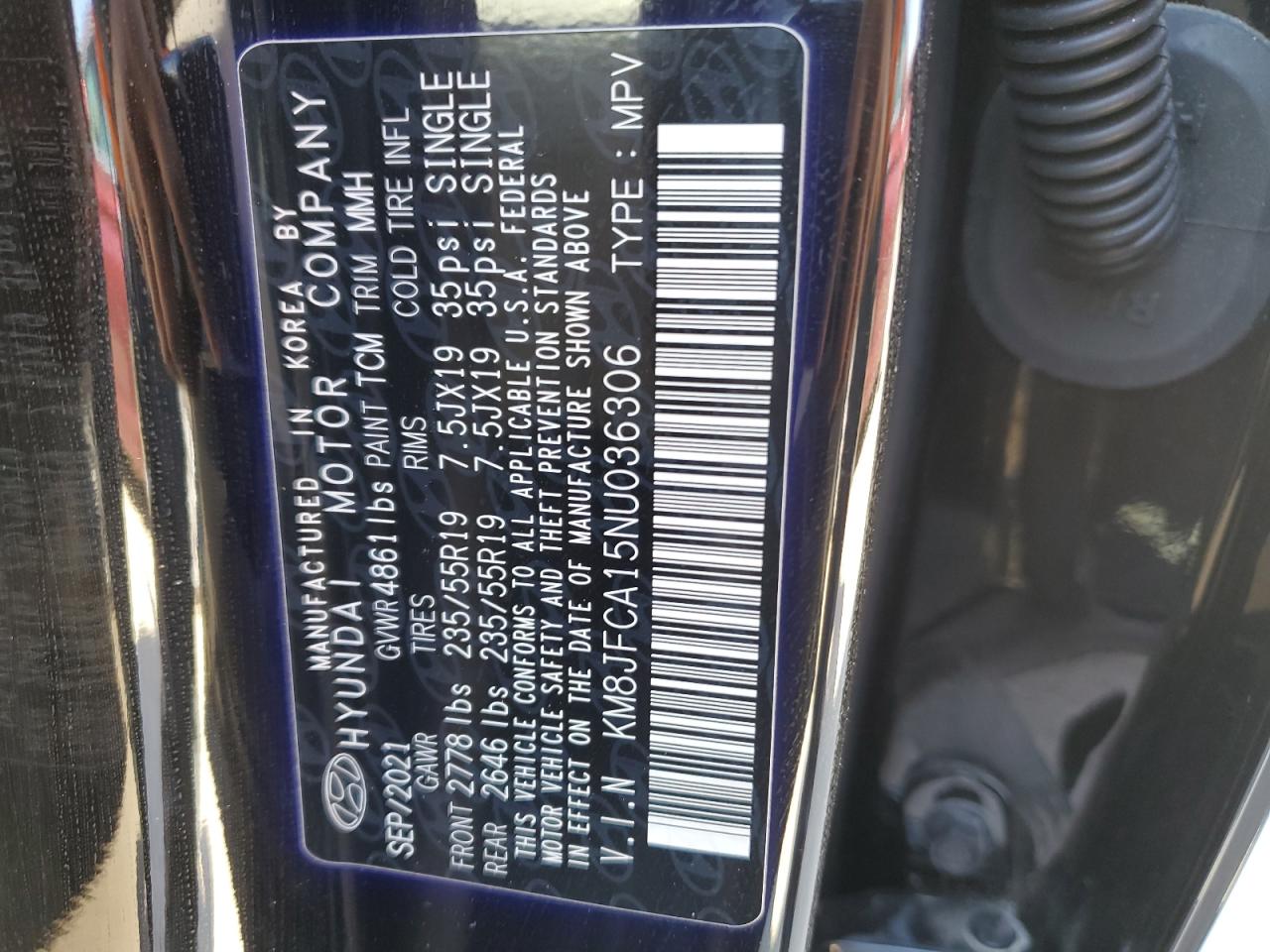 2022 HYUNDAI TUCSON SEL CONVENIENCE VIN:KM8JFCA15NU036306