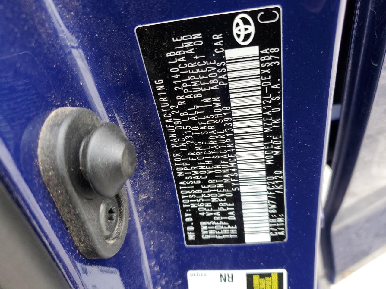 2022 TOYOTA COROLLA SE VIN:5YFS4MCE4NP133918