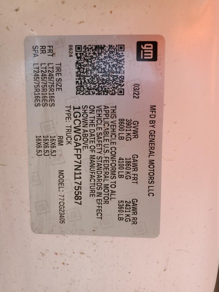 2022 CHEVROLET EXPRESS G2500  VIN:1GCWGAFP7N1175587