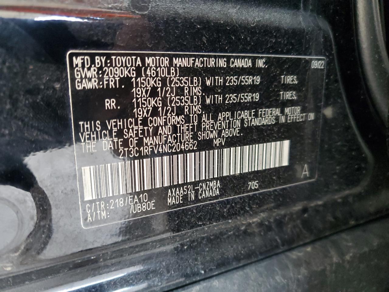 2022 TOYOTA RAV4 XLE PREMIUM VIN:2T3C1RFV4NC204662