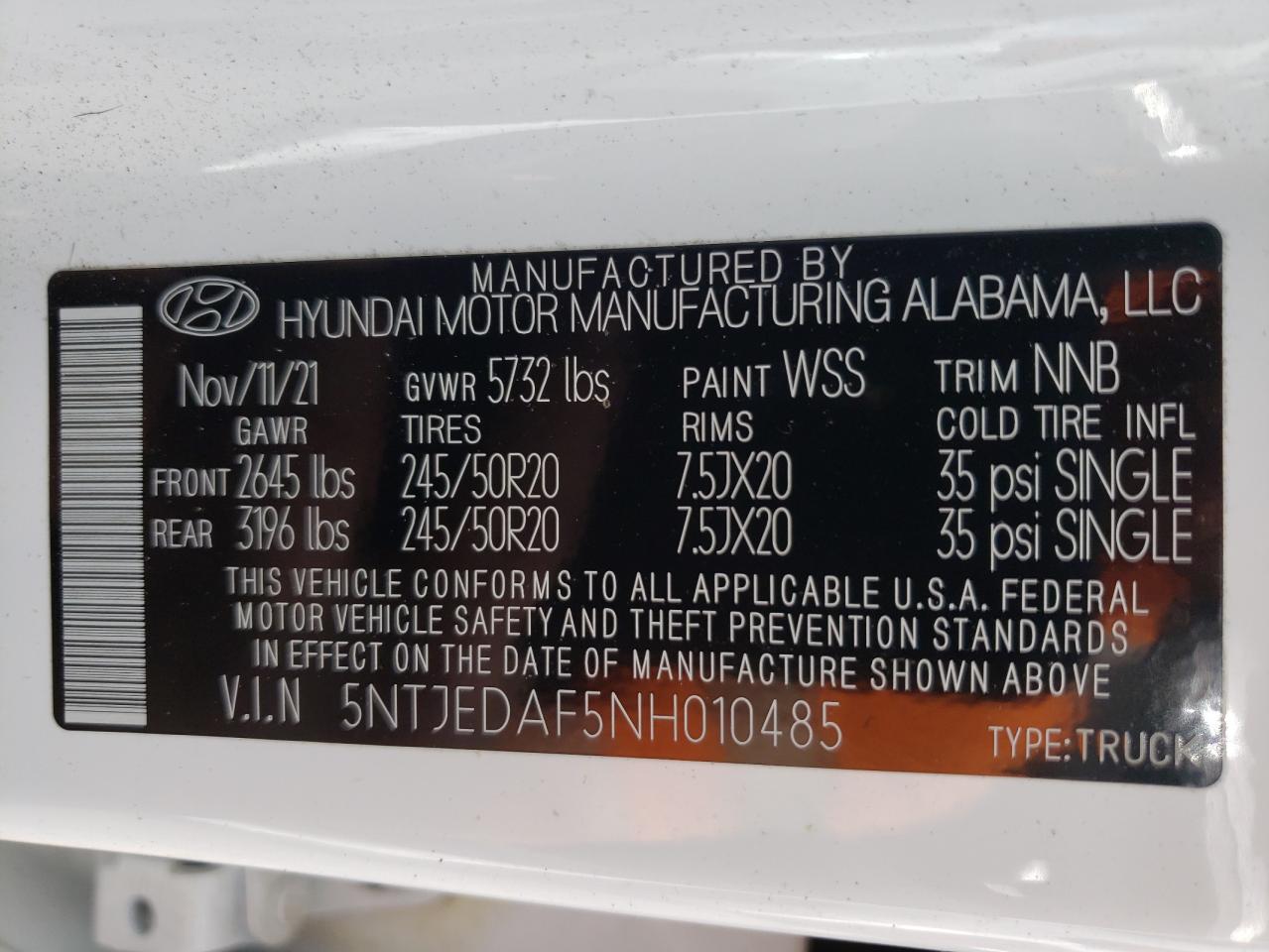 2022 HYUNDAI SANTA CRUZ LIMITED VIN:5NTJEDAF5NH010485
