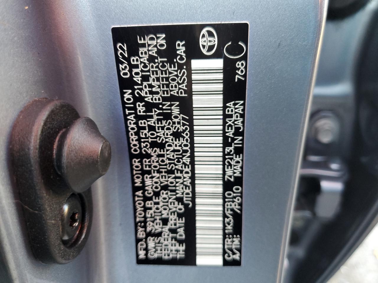 2022 TOYOTA COROLLA LE VIN:JTDEAMDE4NJ056377