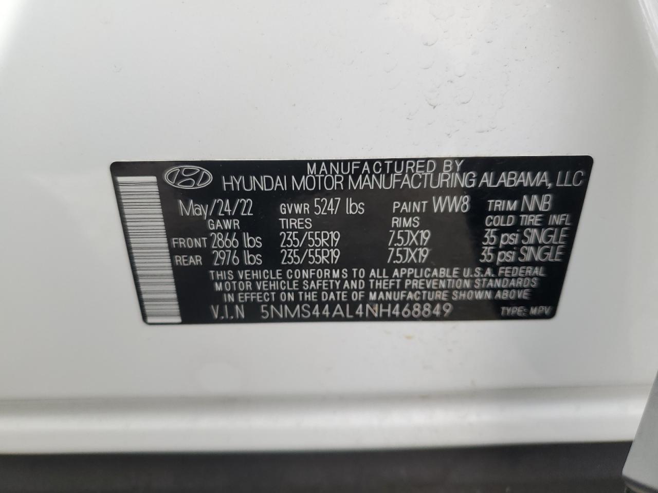 2022 HYUNDAI SANTA FE LIMITED VIN:5NMS44AL4NH468849