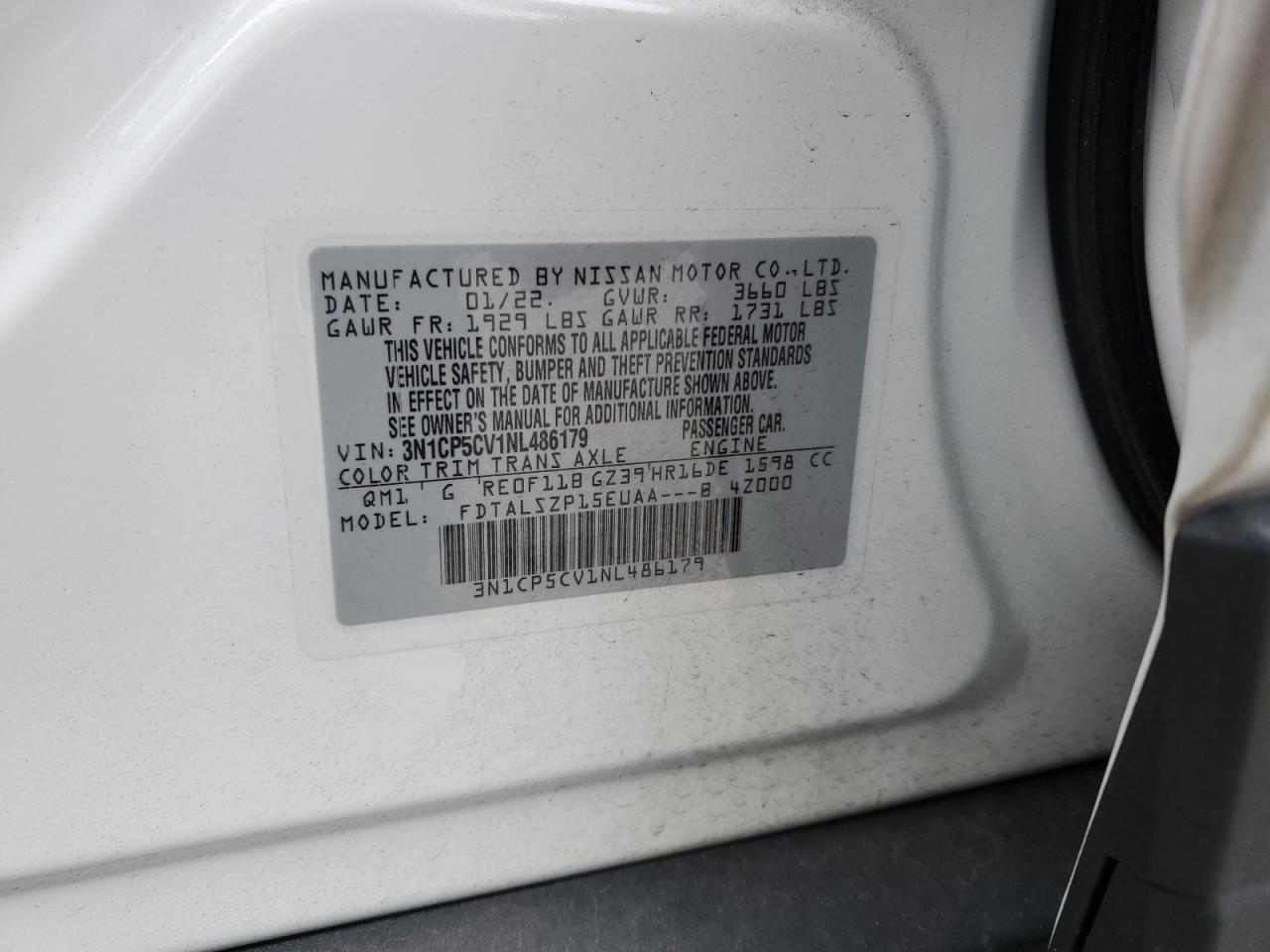 2022 NISSAN KICKS SV VIN:3N1CP5CV1NL486179