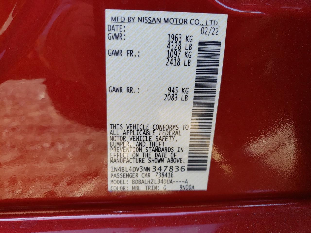 2022 NISSAN ALTIMA SV VIN:1N4BL4DV3NN347836