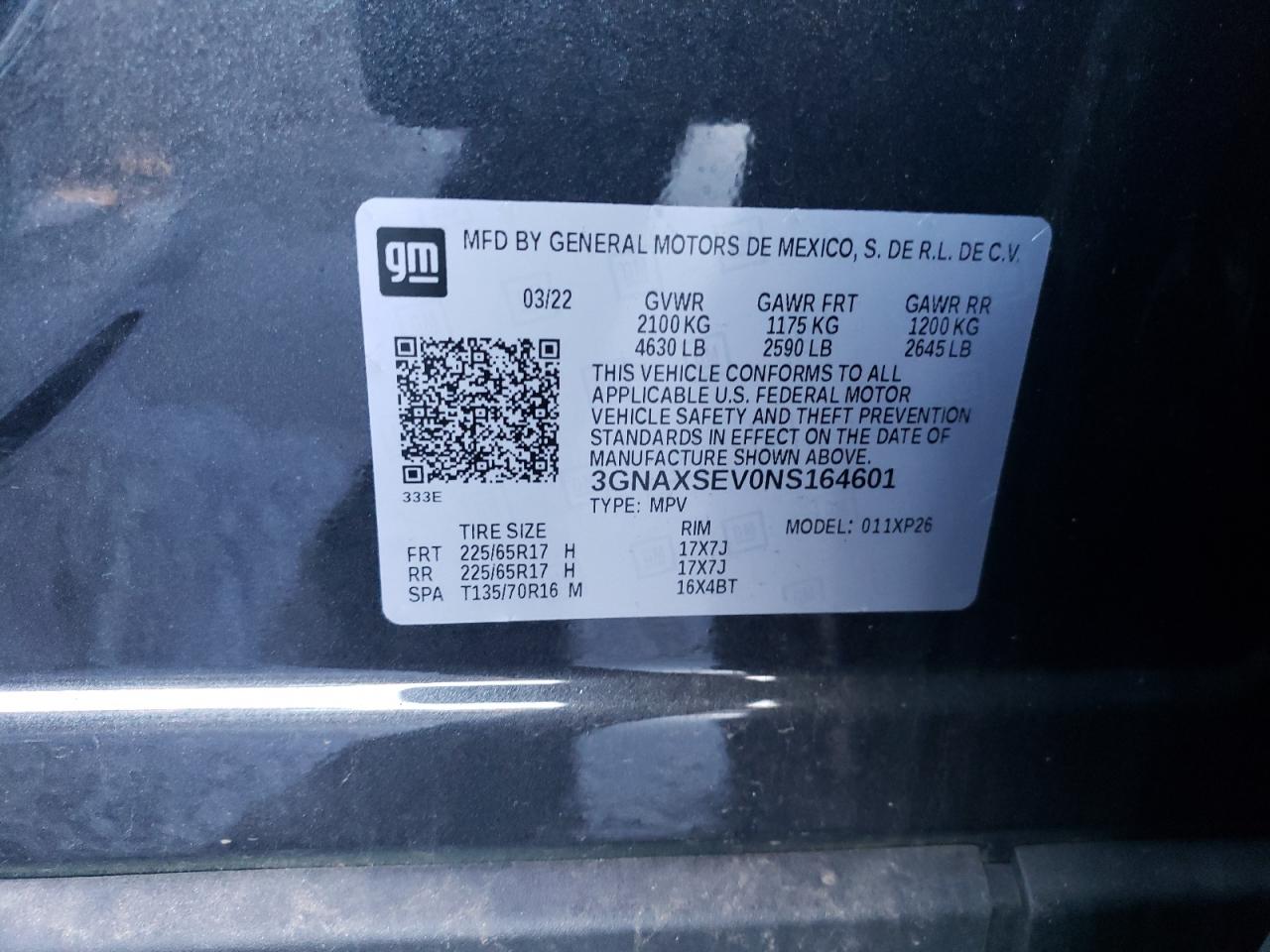 2022 CHEVROLET EQUINOX LS VIN:3GNAXSEV0NS164601