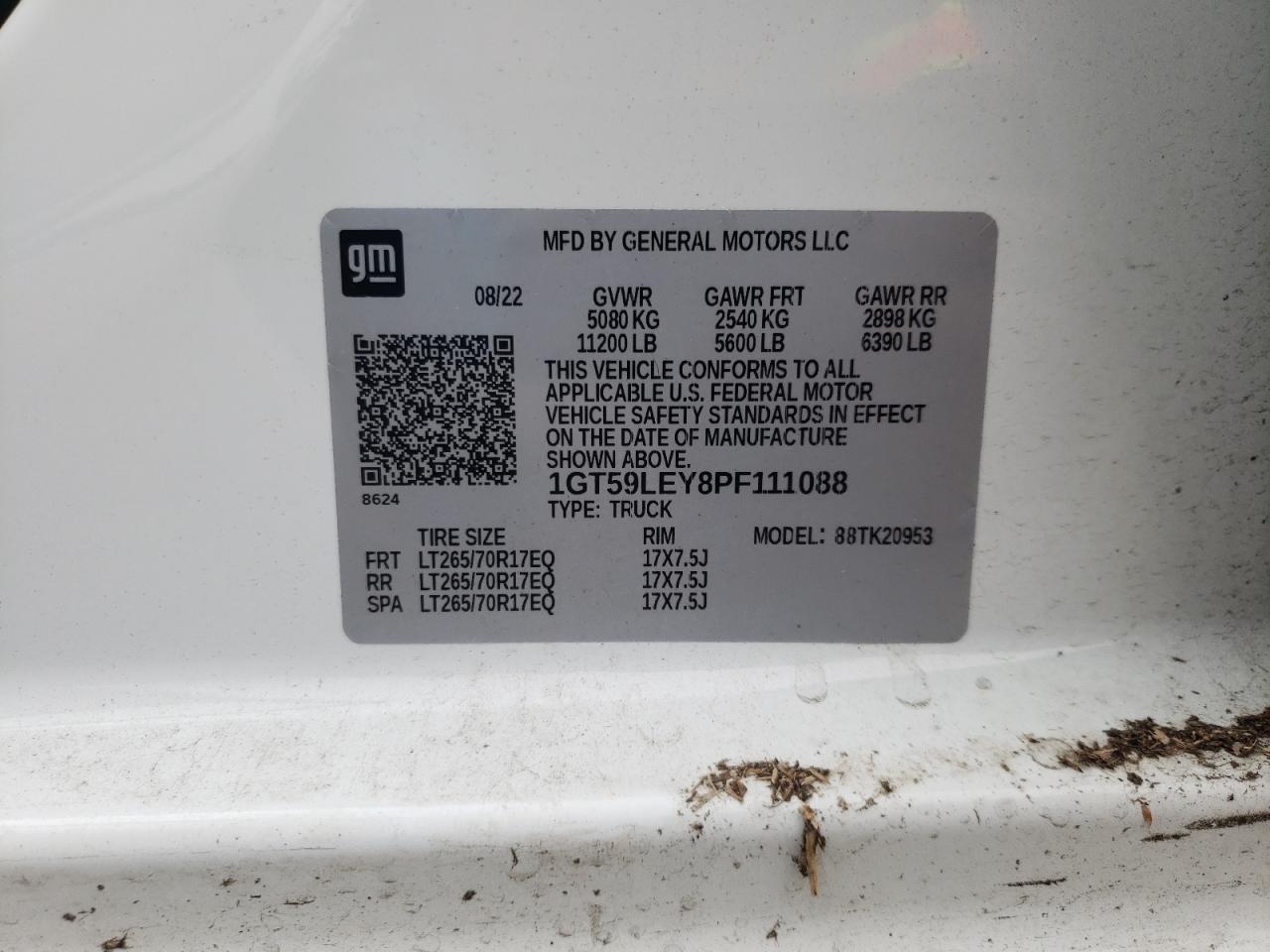 2023 GMC SIERRA K2500 HEAVY DUTY VIN:1GT59LEY8PF111088