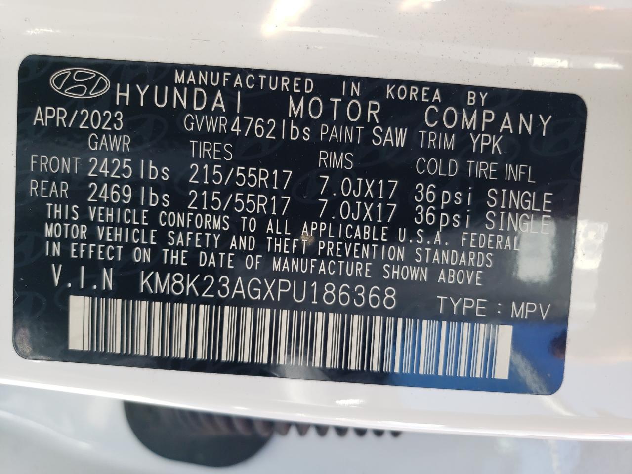 2023 HYUNDAI KONA SE VIN:KM8K23AGXPU186368