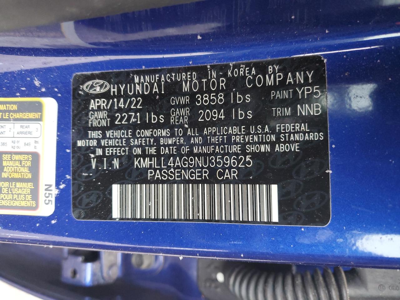 2022 HYUNDAI ELANTRA SE VIN:KMHLL4AG9NU359625