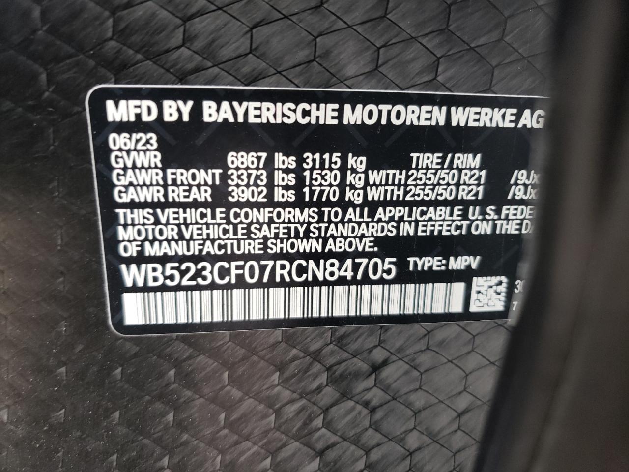 2024 BMW IX XDRIVE50 VIN:WB523CF07RCN84705