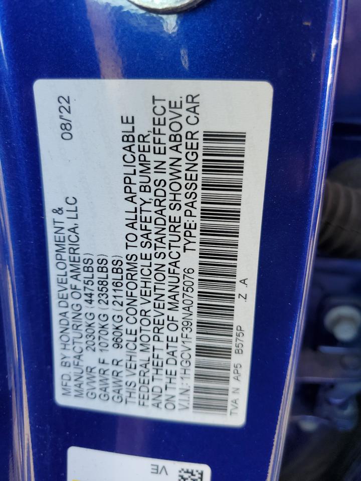 2022 HONDA ACCORD SPORT VIN:1HGCV1F39NA075076