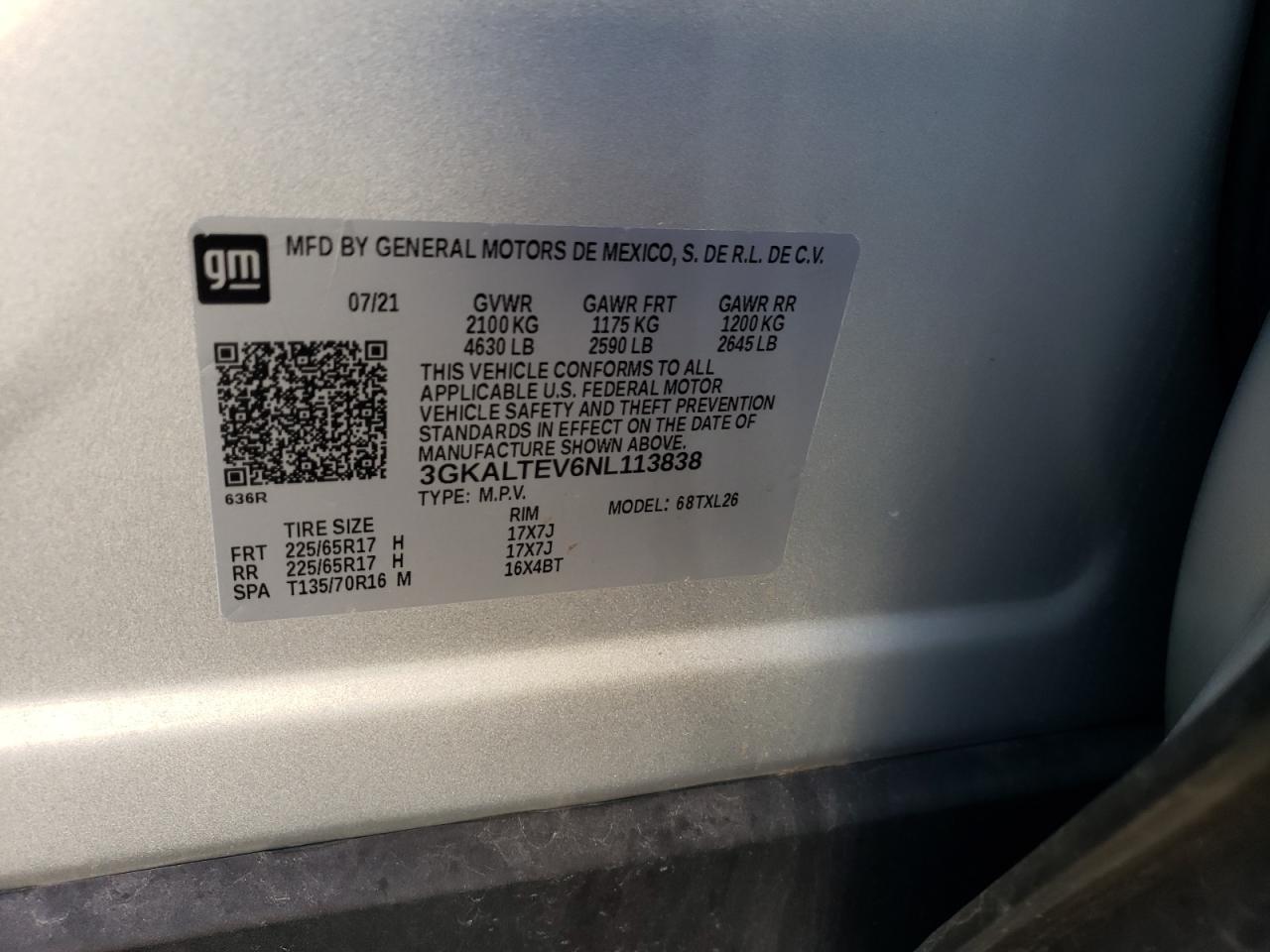 2022 GMC TERRAIN SLE VIN:3GKALTEV6NL113838