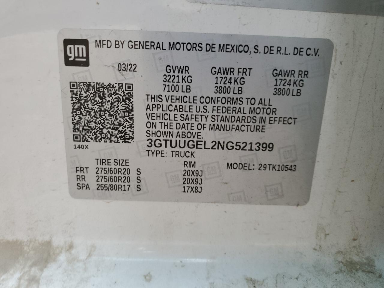 2022 GMC SIERRA K1500 DENALI VIN:3GTUUGEL2NG521399