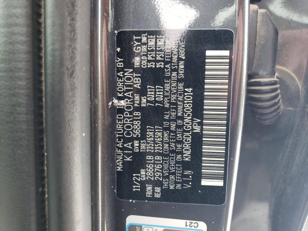 2022 KIA SORENTO S VIN:KNDRGDLG0N5081014