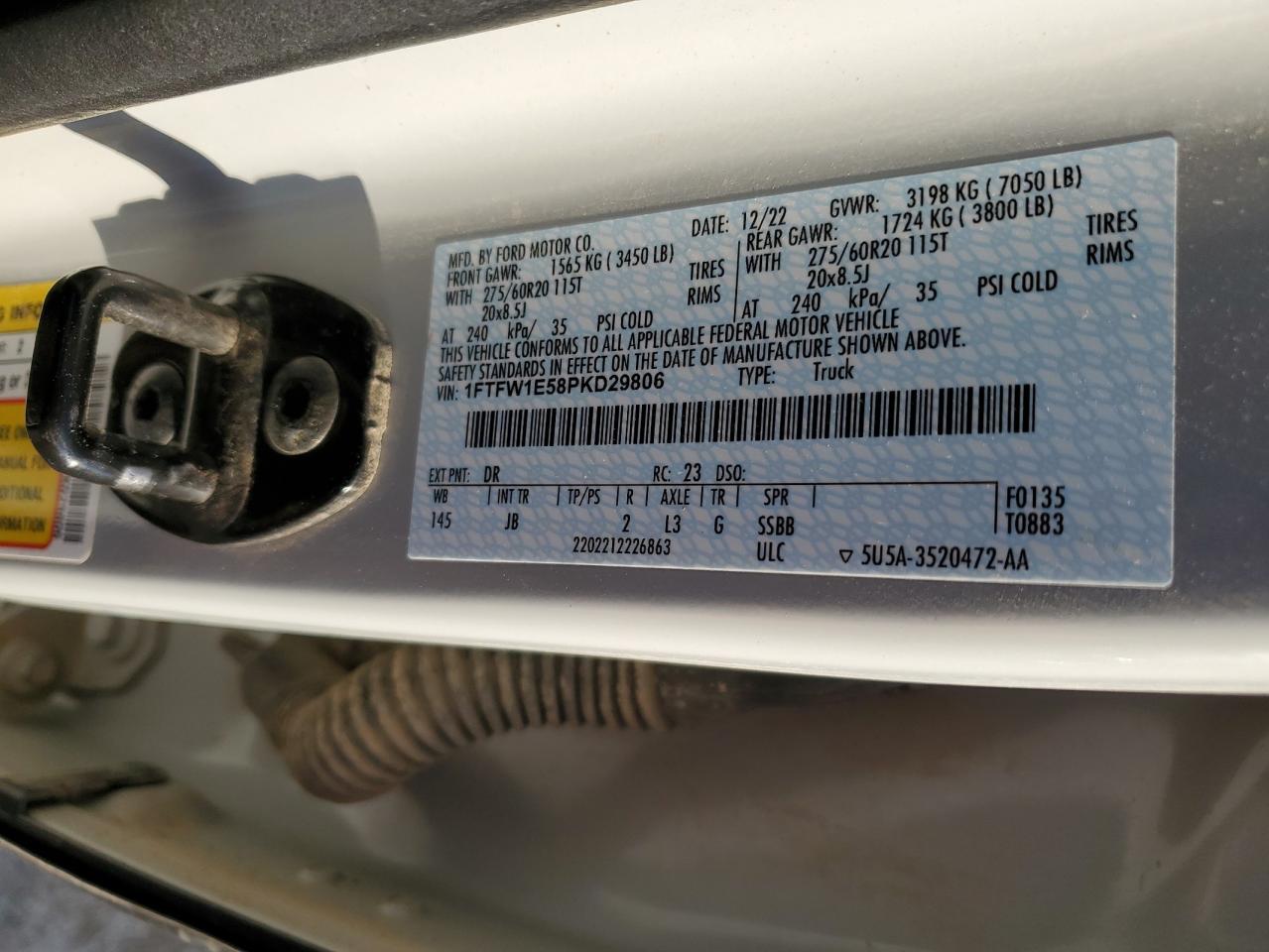 2023 FORD F150 SUPERCREW VIN:1FTFW1E58PKD29806