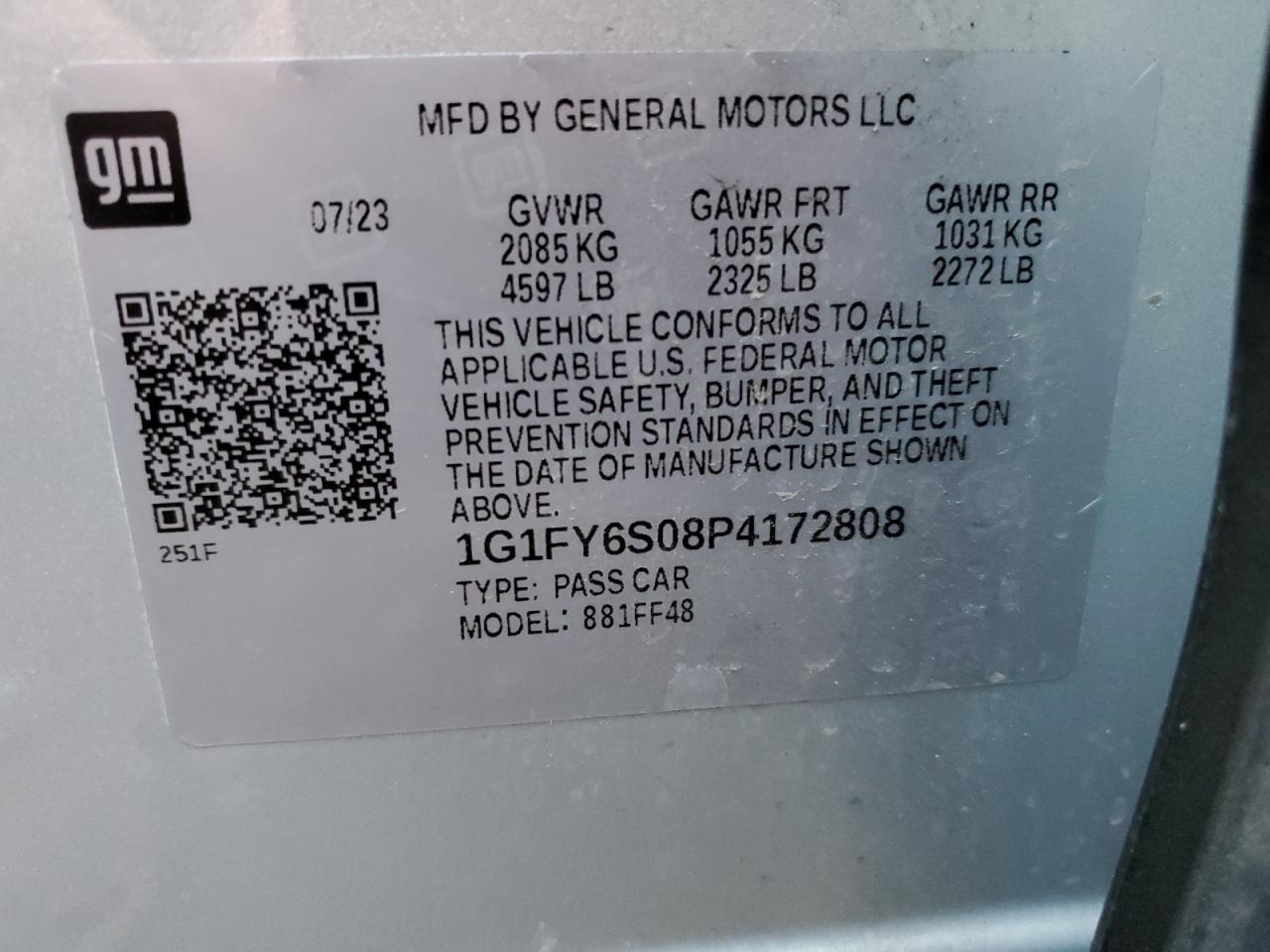 2023 CHEVROLET BOLT EUV LT VIN:1G1FY6S08P4172808