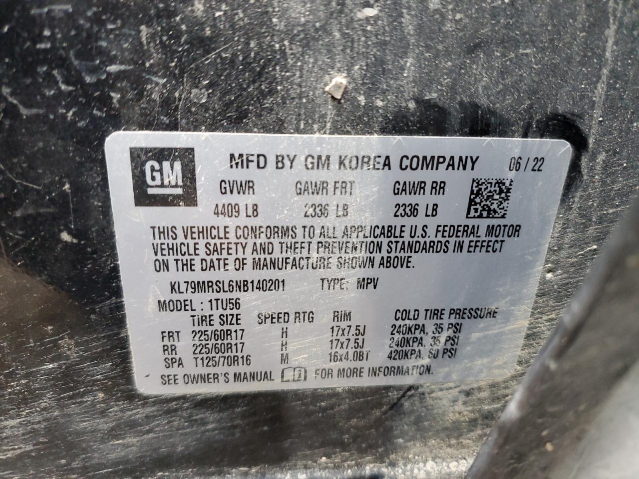 2022 CHEVROLET TRAILBLAZER LT VIN:KL79MRSL6NB140201