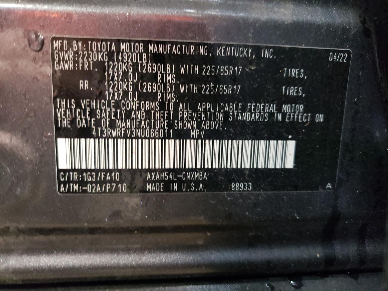 2022 TOYOTA RAV4 XLE VIN:4T3RWRFV3NU066011