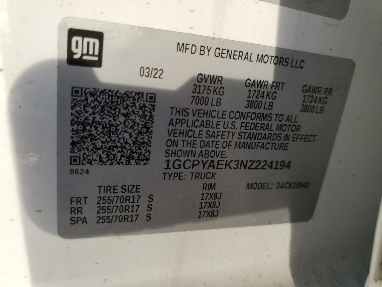 2022 CHEVROLET SILVERADO LTD K1500 VIN:1GCPYAEK3NZ224194