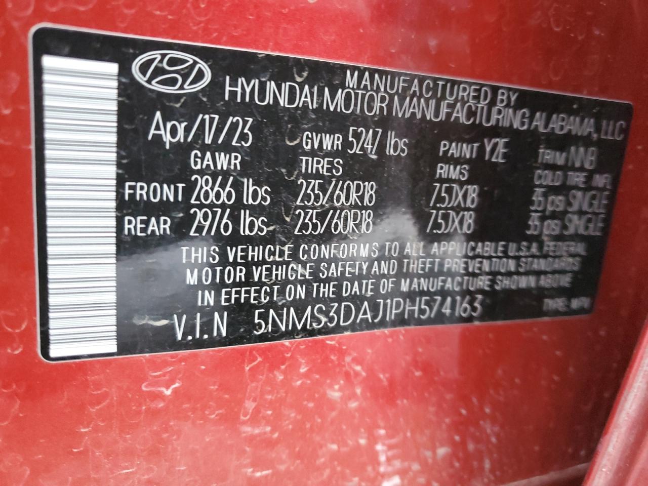 2023 HYUNDAI SANTA FE SEL PREMIUM VIN:5NMS3DAJ1PH574163
