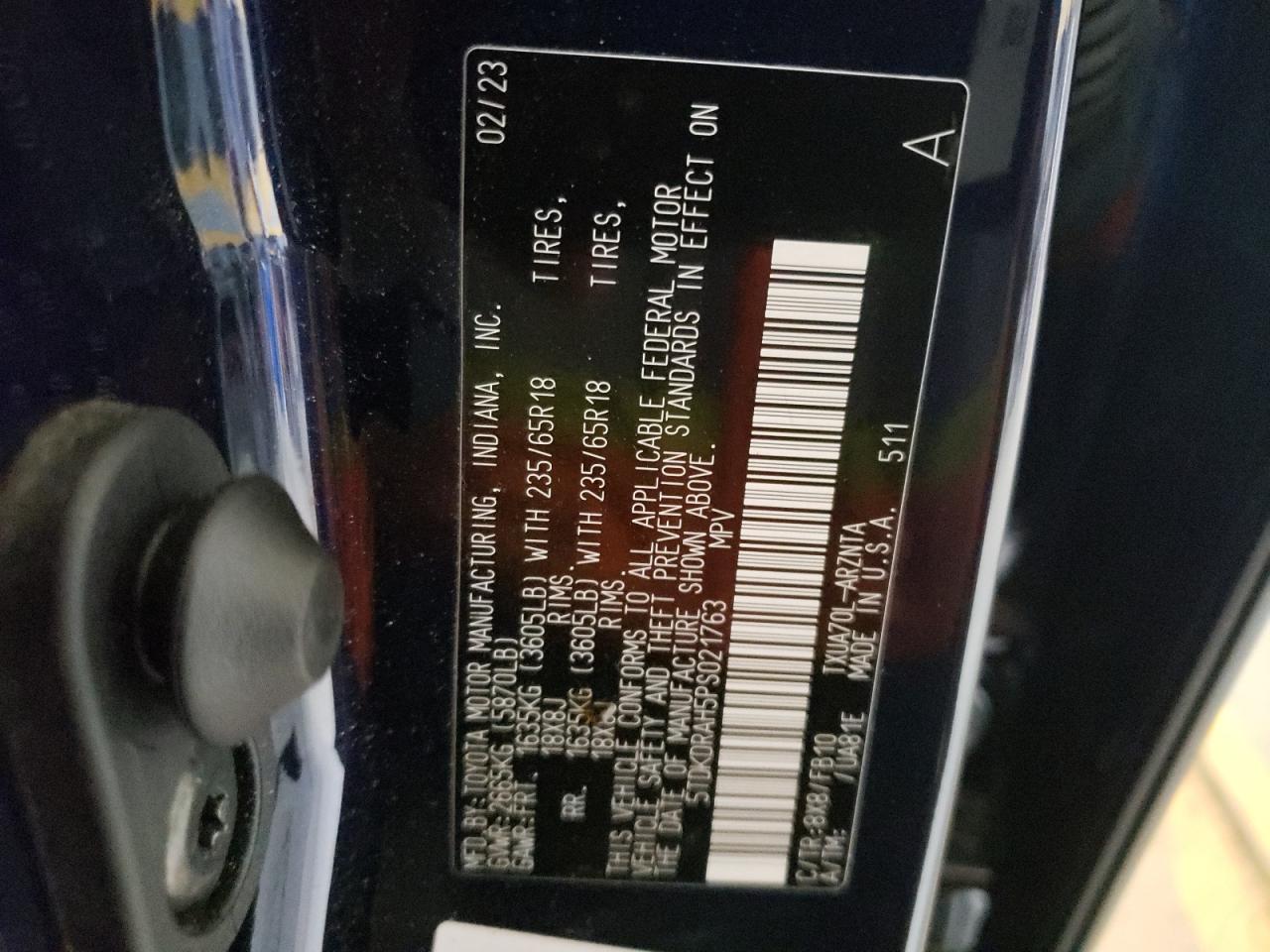 2023 TOYOTA HIGHLANDER L VIN:5TDKDRAH5PS021763