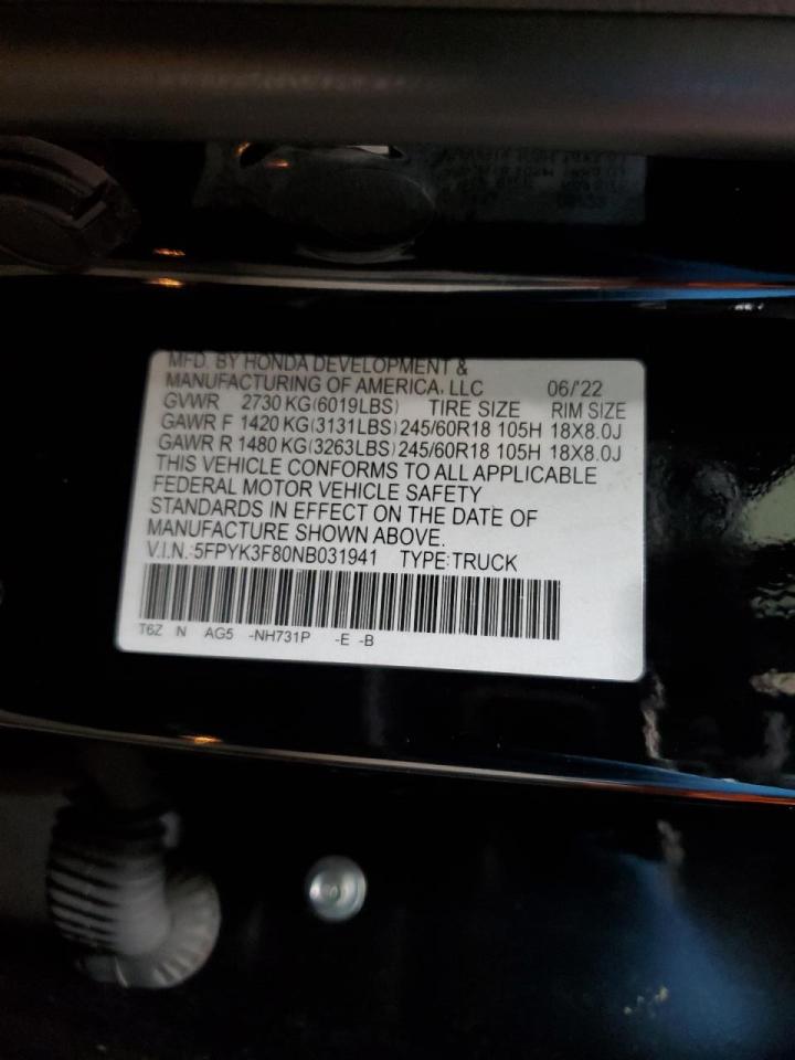 2022 HONDA RIDGELINE BLACK EDITION VIN:5FPYK3F80NB031941