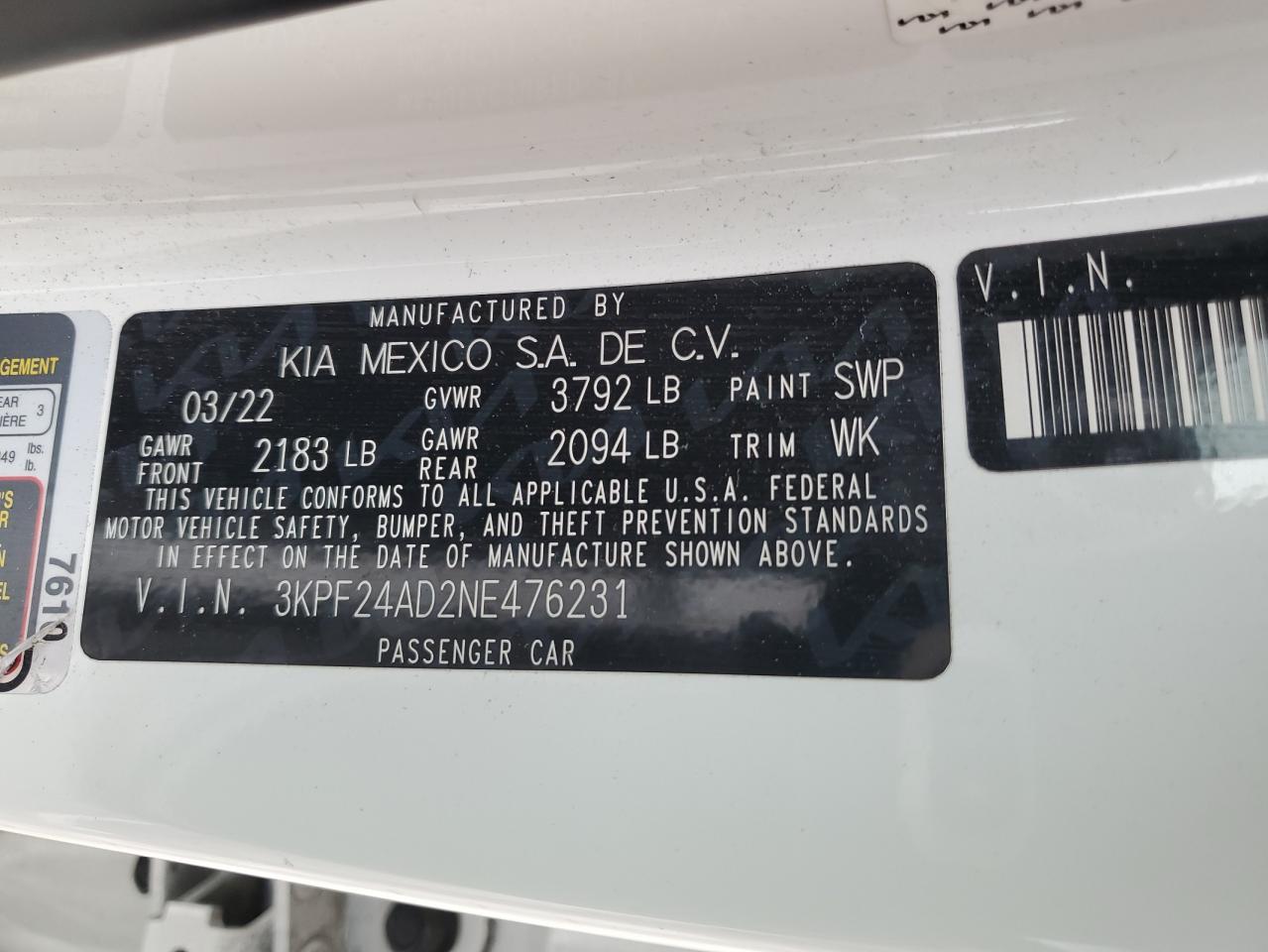 2022 KIA FORTE FE VIN:3KPF24AD2NE476231