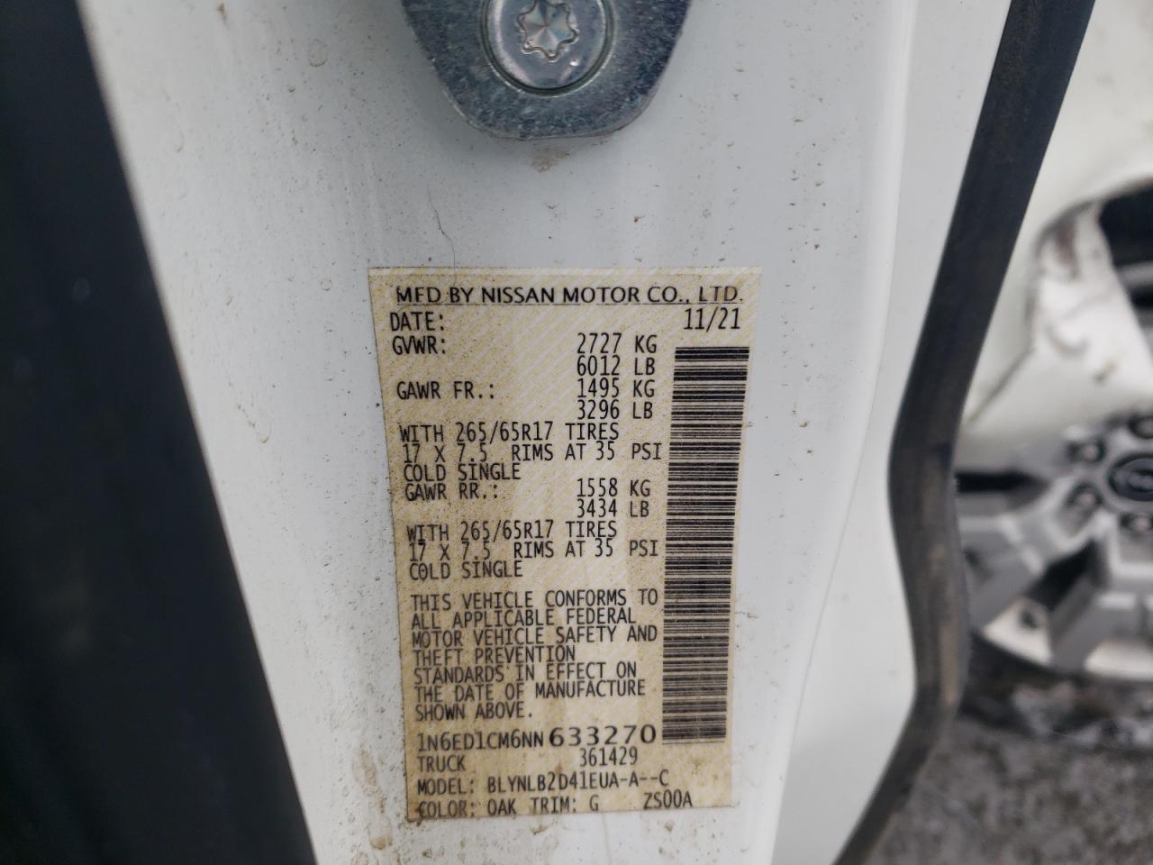 2022 NISSAN FRONTIER S VIN:1N6ED1CM6NN633270