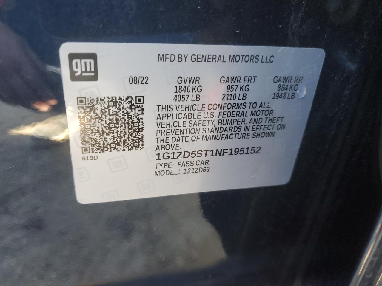 2022 CHEVROLET MALIBU LT VIN:1G1ZD5ST1NF195152