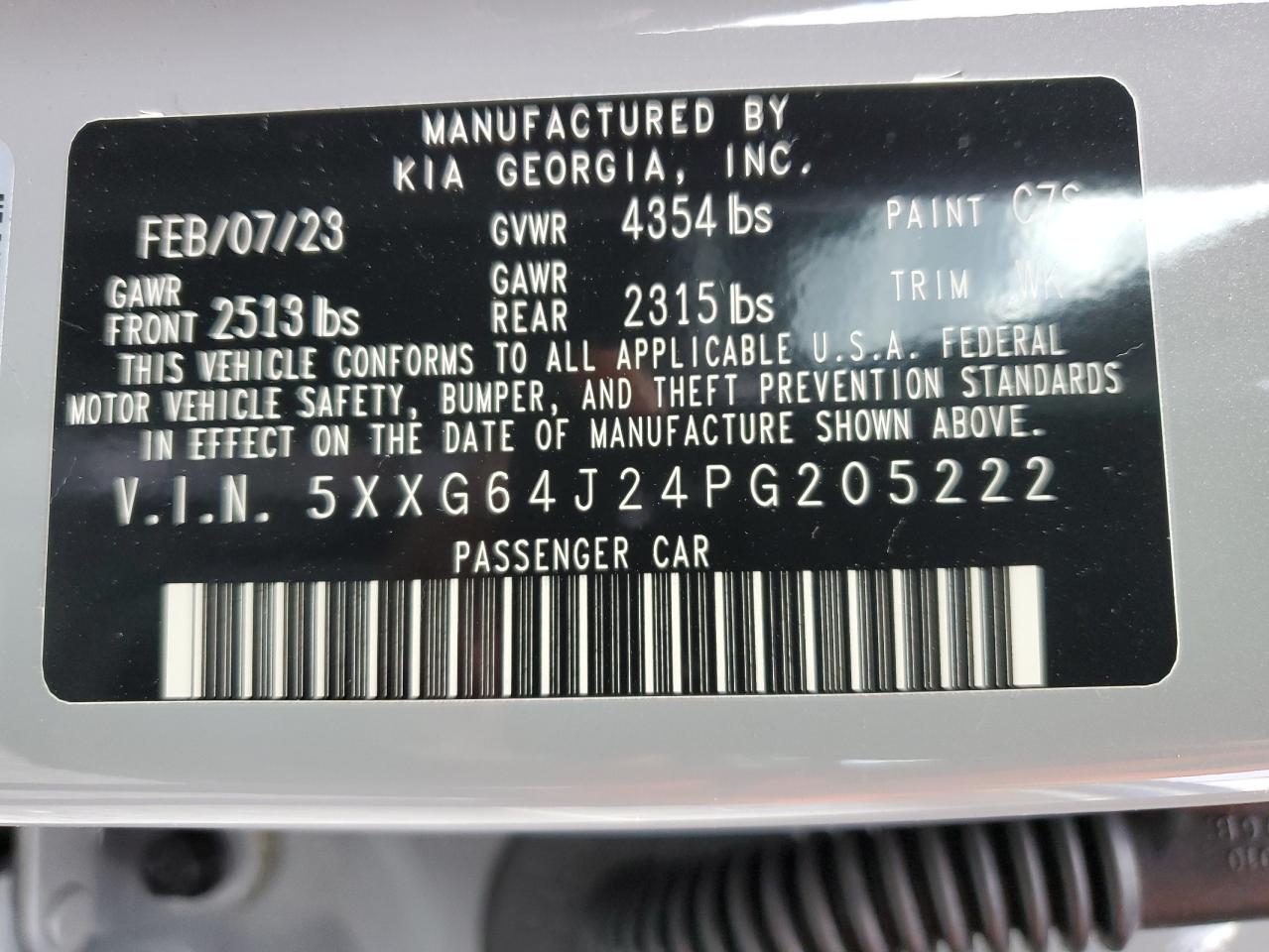 2023 KIA K5 GT LINE VIN:5XXG64J24PG205222