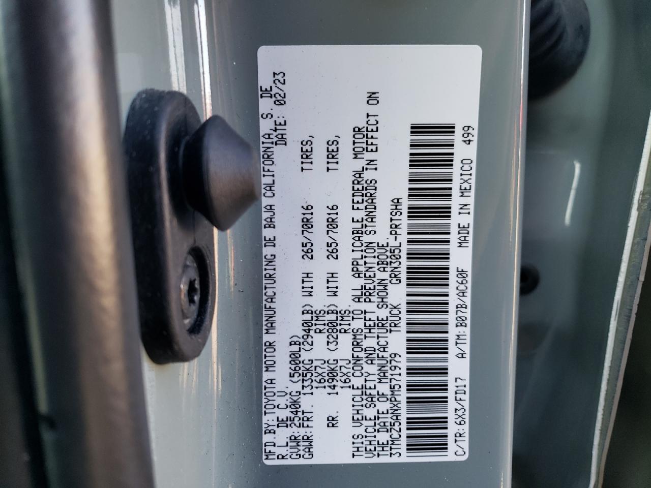 2023 TOYOTA TACOMA DOUBLE CAB VIN:3TMCZ5ANXPM571979