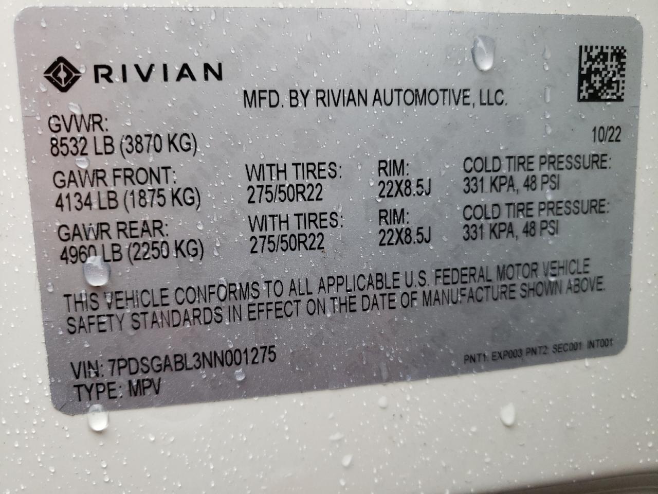 2022 RIVIAN R1S LAUNCH EDITION VIN:7PDSGABL3NN001275