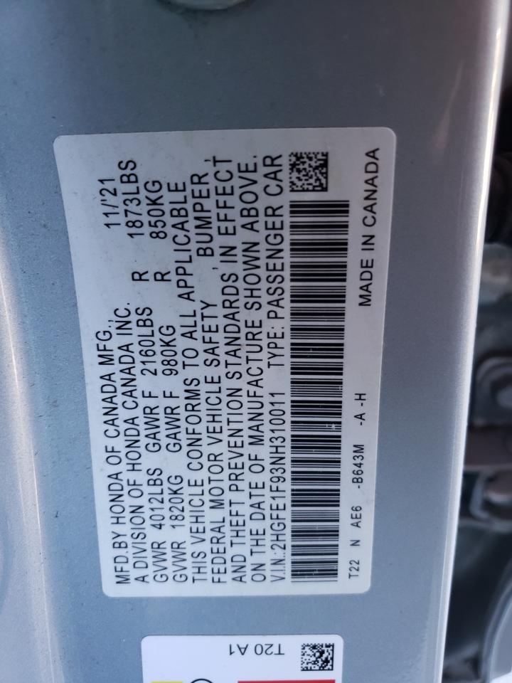 2022 HONDA CIVIC TOURING VIN:2HGFE1F93NH310011