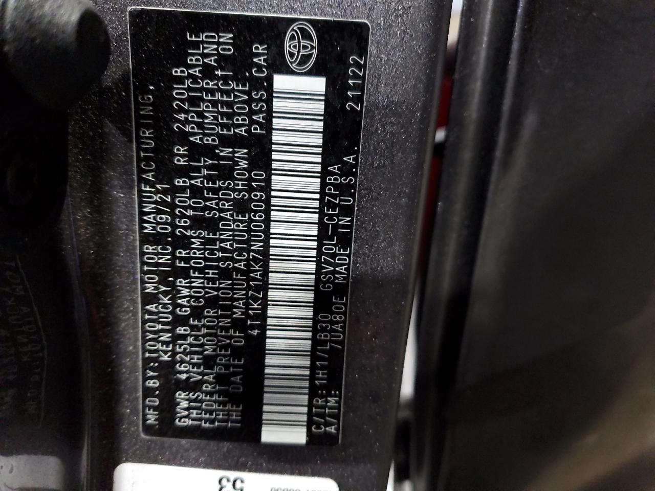 2022 TOYOTA CAMRY TRD VIN:4T1KZ1AK7NU060910