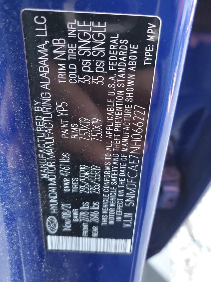 2022 HYUNDAI TUCSON SEL VIN:5NMJFCAE7NH066227